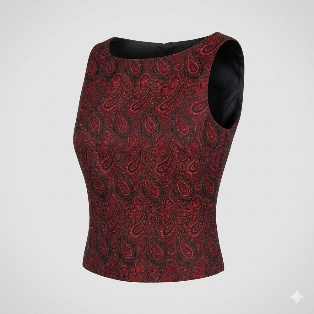 JR Nites by Caliendo Red Black Paisley Metallic Brocade Tank Top Blouse Small